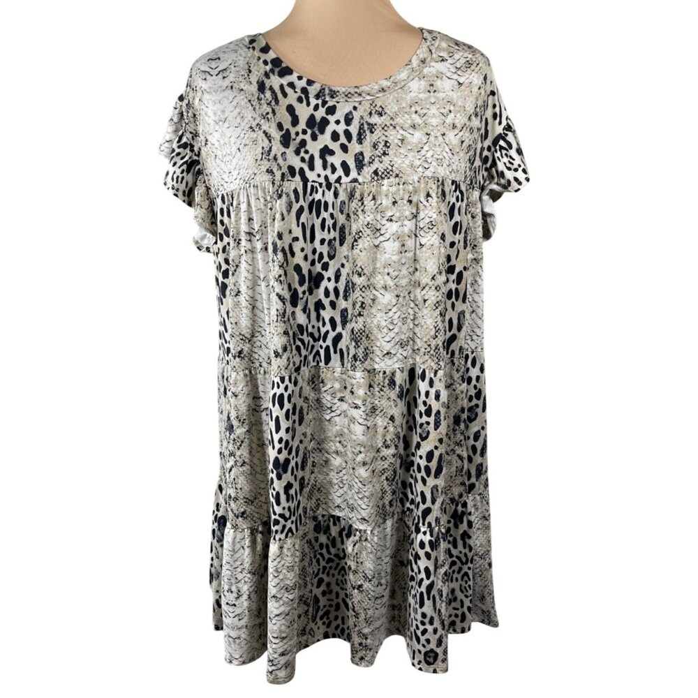 Entro Tiered Tunic Dress Animal Print Black Brown M Medium Short Sleeve